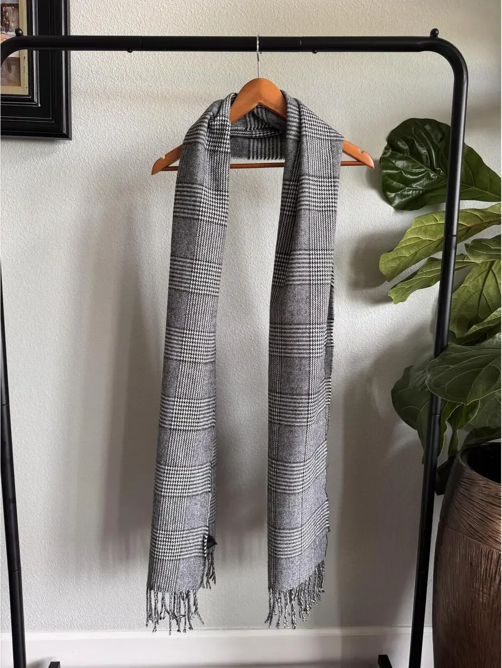 Monki Black White Plaid Fringe Scarf One Size Acrylic Winter Wrap